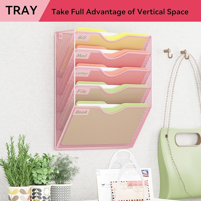 5 Pockets Hanging Wall File Organizer Mail Holder, Wall Mounted Paper Document Folder Holder, Clipboard Storage Organization Magazine Rack, Pink