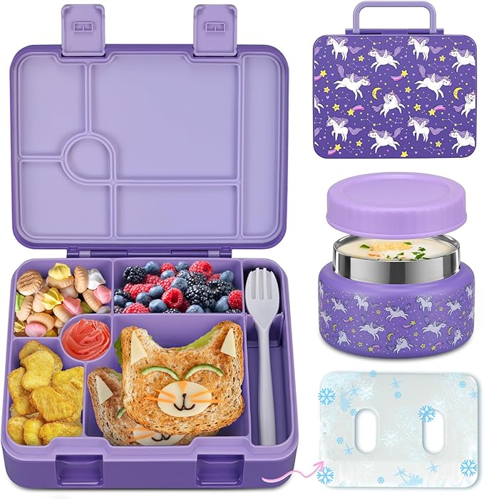 Kids Bento Lunch Box with Ice Pack, 5 Compartments Leak-Proof Bento Box with Utensils, 5.5-Cup Capacity for Adults & Ages 8+, BPA Free, Microwave & Dishwasher Safe, Pink
