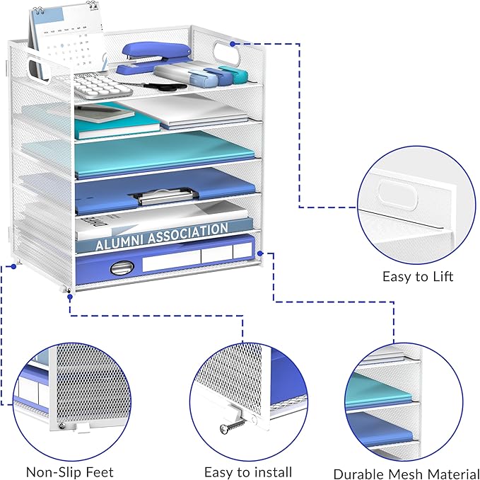 Daltack 6 Tier Paper Organizer for Desk, Paper Letter Tray Organizer for Desks, Mesh Desk File Organizers with Handle for Office, Home, School, White, 2 Pack