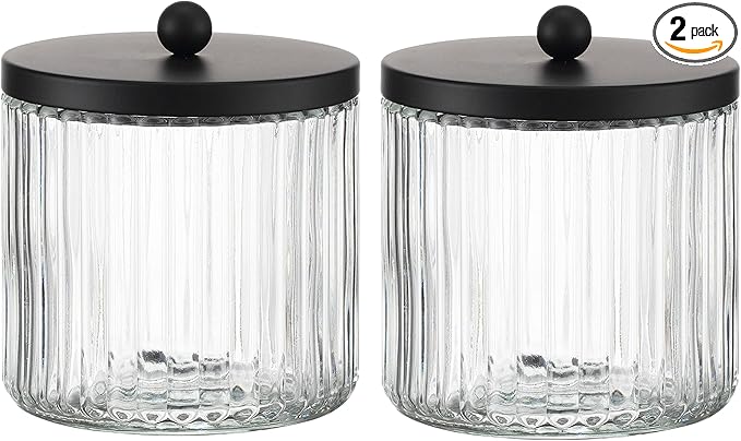 KMwares 2-Pack Glass Qtip Holder Dispenser Set - Bathroom Canister Storage Organizer for Cotton Balls, Swabs, Floss Picks, and Makeup Sponges with Matte Black Metal Lid - Clear Vanity Apothecary Jars