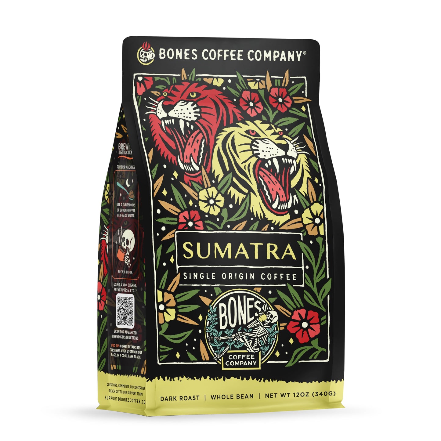 Bones Coffee Company Ethiopia Single-Origin, Citrus, Floral and Berries Notes, Whole Coffee Beans, Low Acid Medium Roast Arabica Beans Flavored Coffee, 12 oz Whole Bean