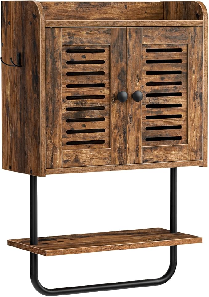 HOOBRO Bathroom Wall Cabinet, Double Doors Medicine Cabinet with Towel Bar, Adjustable Shelf, 2 Hooks, Over The Toilet Storage Cabinet, for Bedroom, Kitchen, Rustic Brown BF46CW01
