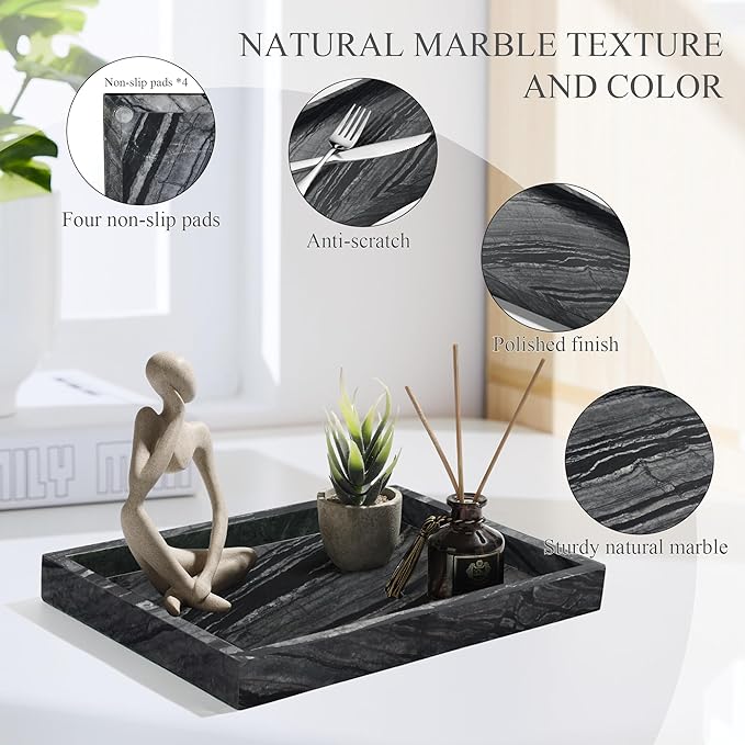 Natural Marble Tray for Bathroom, Genuine Ancient Wood Grain Marble Vanity Tray, Luxury Stone Trays for Dresser, Home Decor, Kitchen, Non-Resin/Non-Ceramic, 12"x 8", Ancient Wood Grain