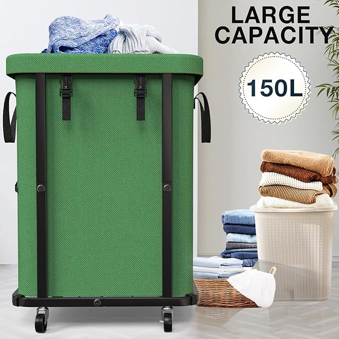 40 Gal(150L) High Grade Large Laundry Basket with Wheels, Rolling Laundry Hamper, Laundry Cart with Metal Frame and Removable Bag Design, Suitable for Laundry Room, Bedroom (XYL-Green-150L, 150L)