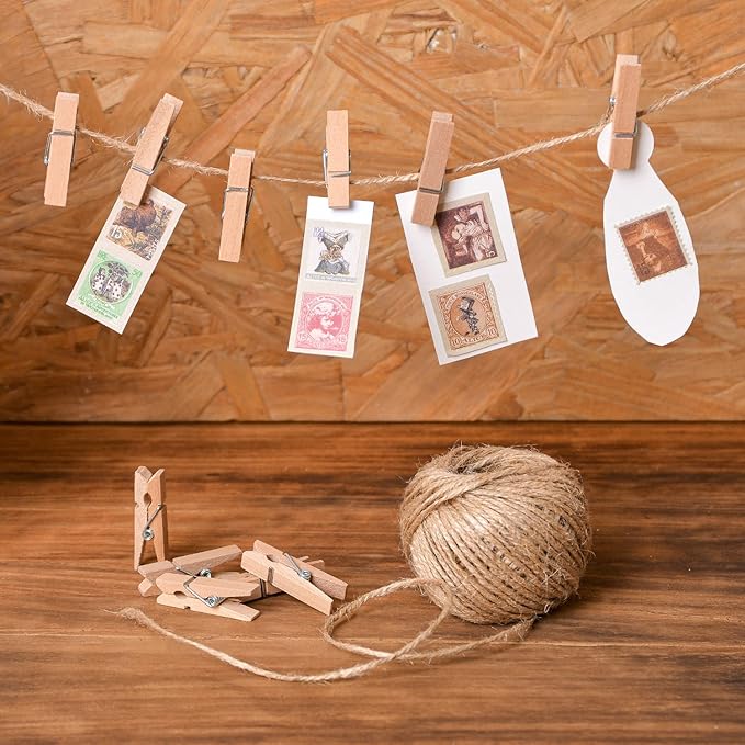 HSTECH 100 Pcs Mini Natural Wooden Clothespins and 82 Ft Jute Twine, Baby Clothes Pins, 1.38in Craft Photo Clips for Home School Arts Crafts Decor, DIY Decoration's, Arts and Crafts, Weddings