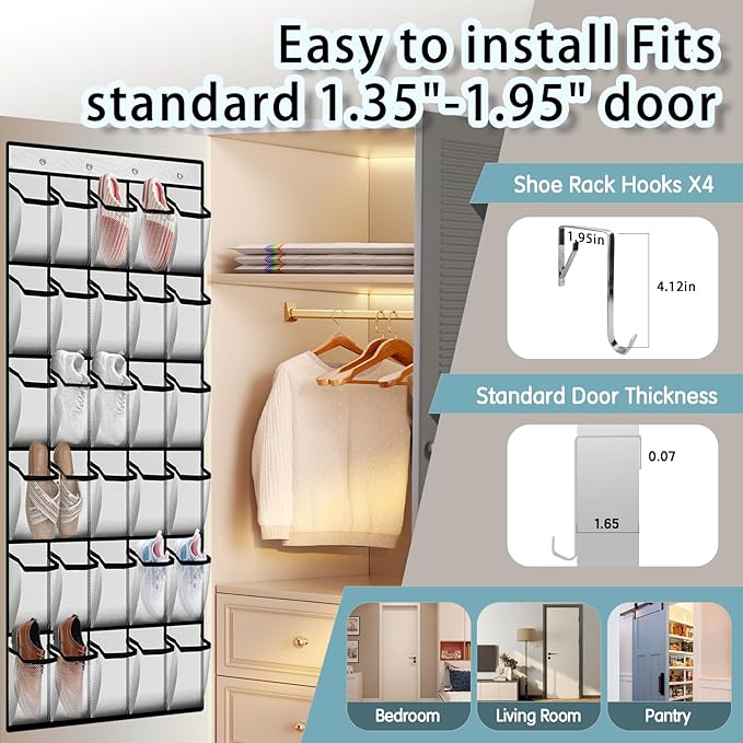 Over the Door Shoe Organizer with 30 Breathable Mesh Pockets - Large Capacity Closet Storage for Men & Women, Hanging Shoe Rack Organizer (2PC-White)
