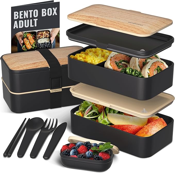 Bentoheaven Bento Box Adult, Stackable Lunch Box, 40 oz, Symph Onyx