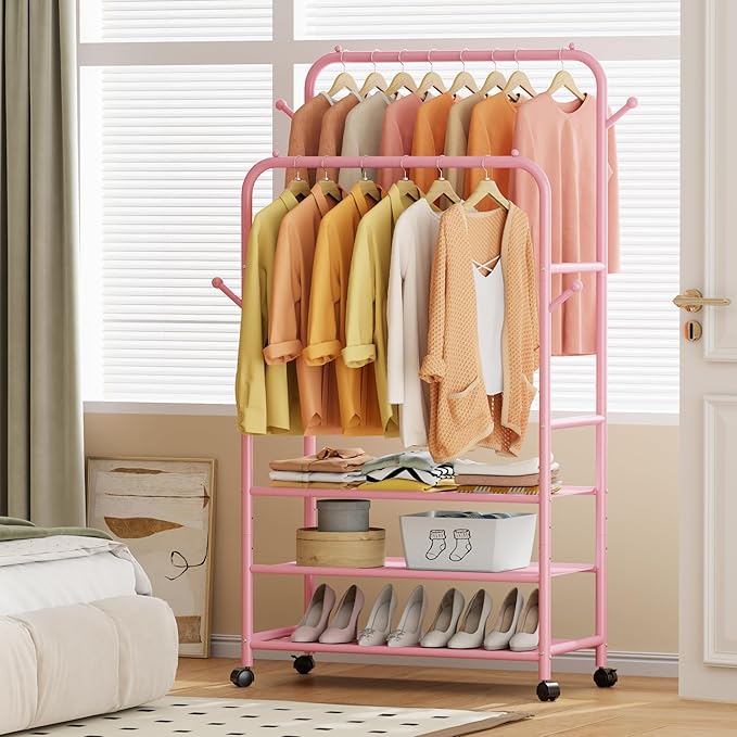 Furologee Pink Clothes Rack, Double Rods Clothing Racks for Hanging Clothes, Rolling Garment Racks with 3-Tier Shelves, Portable Rack with Wheels for Bedroom, Laundry, Living Room