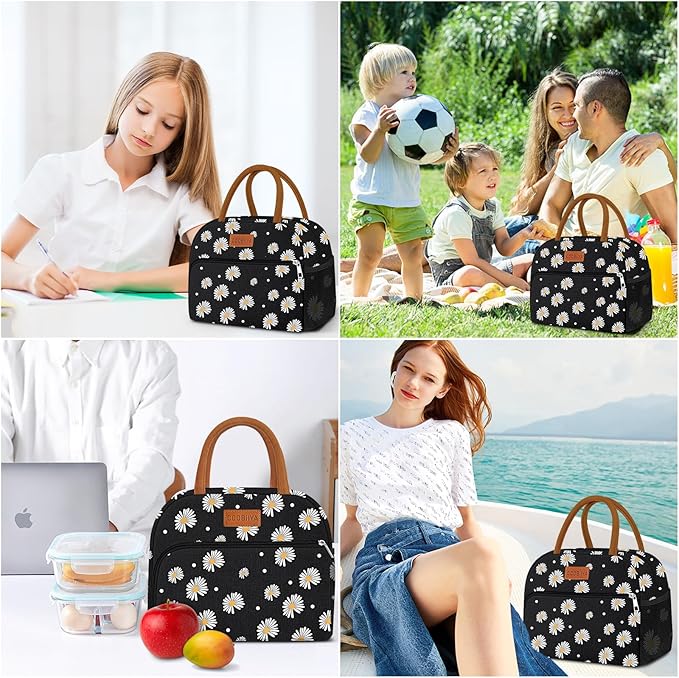 Coobiiya Lunch Bag Lunch Box for Women Men, Reusable Cute Lunchbag - Leakproof, Adult Insulated Lunch Box Tote with Large Capacity, Cooler Container for Work, Travel, Office (Black Daisy)