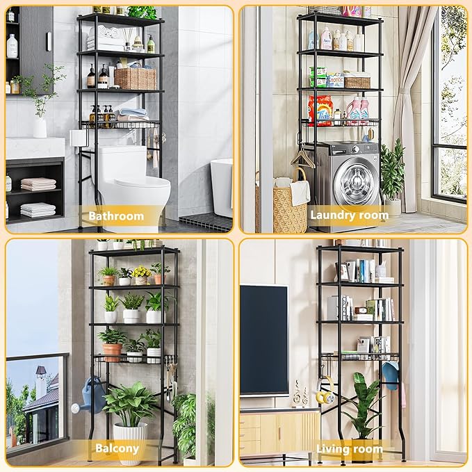 Over-The-Toilet Storage Rack, 4-Tier Bathroom Organizer Shelf Over Toilet with Adjustable Shelf and Basket, Freestanding Space Saver Bathroom Shelves Above Toilet for Room (Black)