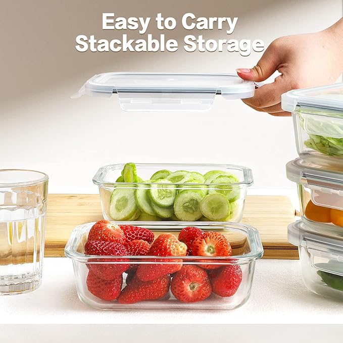 HOMBERKING 10 Pack 22oz Glass Meal Prep Containers, Food Storage Containers with Lids, Airtight Lunch Bento Boxes, BPA-Free & Leak Proof (10 lids & 10 Containers) - Grey