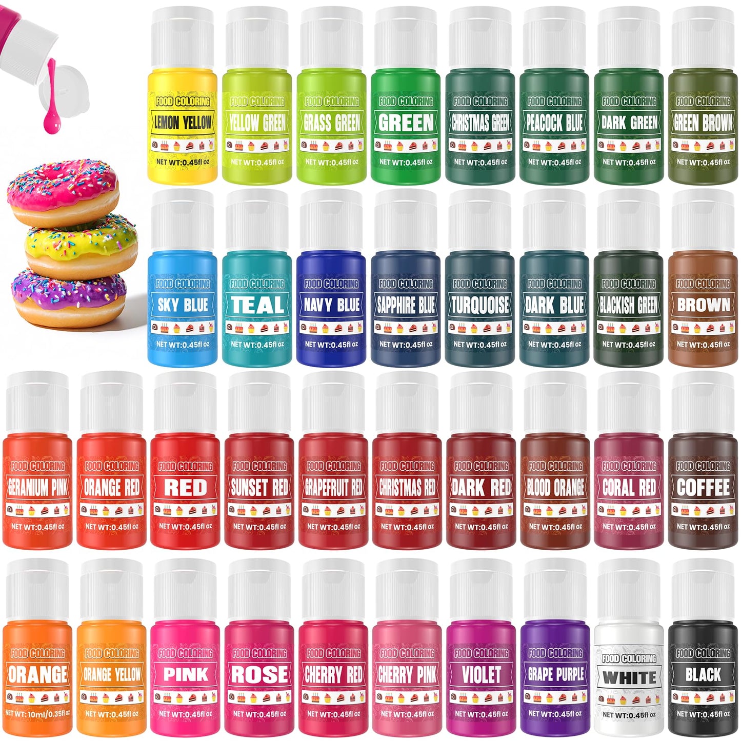 Food Coloring - 36 Colors Liquid Food Dye Set, Concentration Food Color for Cake Decorating, Baking, Easter Egg, Icing, Fondant, Cooking, Slime Making Kit and DIY Crafts - 0.45oz/Bottles
