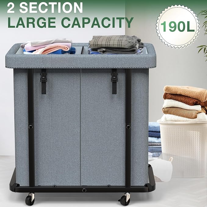 50 Gal(190L) High Grade Large Laundry Basket with Wheels, Rolling Laundry Hamper, Laundry Cart with Metal Frame and Removable Bag Design, Suitable for Laundry Room, Bedroom (Grey, 2 Section 190L)