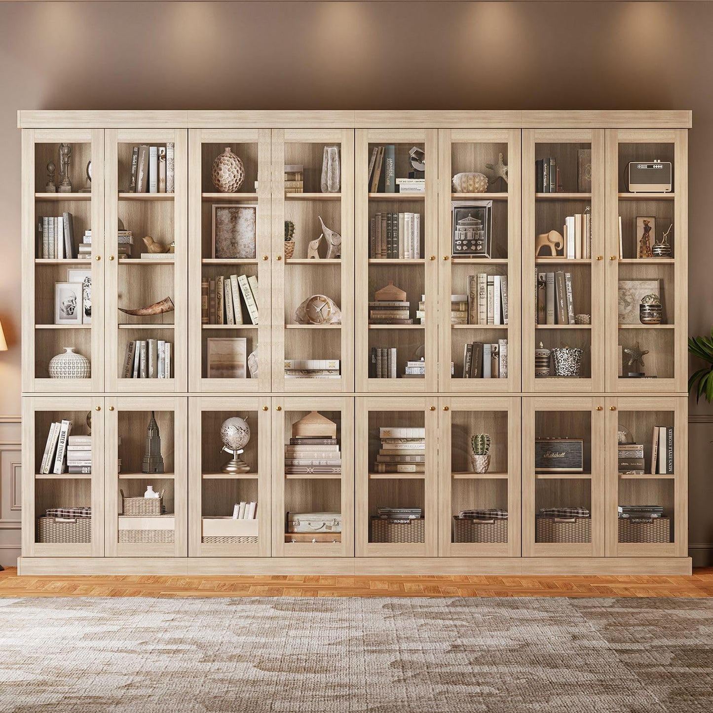 ivaniti 70.8" Tall Bookshelf with Doors, Farmhouse Modular Bookcase with 4-Tier Adjustable Shelves, Large Storage Cabinet for Home Office, Living Room, Brown, Set of 2