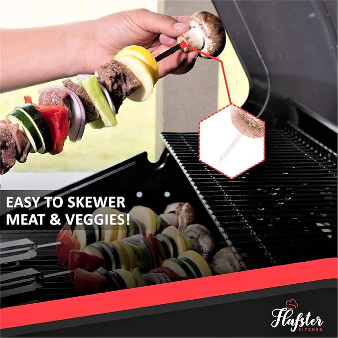 Patented Kabob Skewers for Grilling- BBQ Skewers for Grilling-16" Long Flat Kebab Skewers With Push Bar- Shish Kabob Skewers -Stainless Steel Skewer Sticks for Camping - Wide Reusable Skewers - 8 Pack