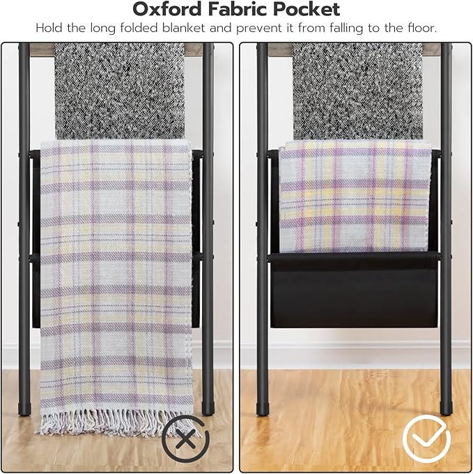 HOOBRO Blanket Ladder, 5 Tier Towel Rack, 17.3" L x 63" H, Wall-Leaning Blanket Rack for Living Room, Decorative Ladder with 4 Hooks and Magazine Pocket, Greige BG32CJ01