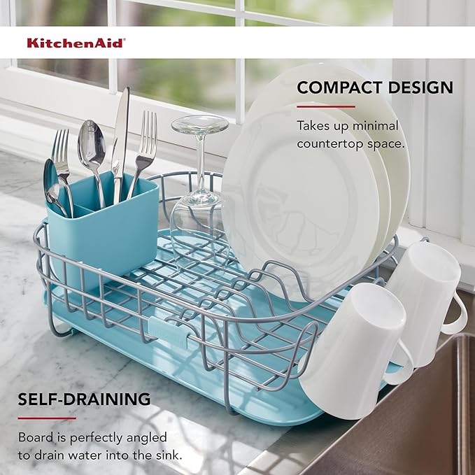 KitchenAid Low Profile Compact Dishrack with Removable Flatware Caddy and Angled Self-Draining Board, Rust Resistant Wires, 12.59 x 17.55 x 6.29 Inch, Mineral Water