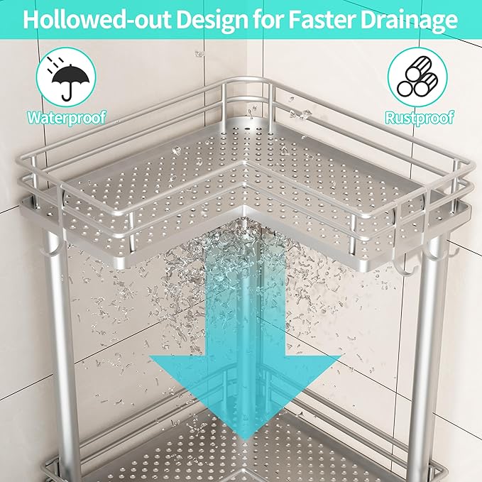 HapiRm Standing Corner Shower Caddy - 3 Tier Shower Shelf Corner with Soap Holder, Rustproof Bathroom Standing Organizer with 4 Hooks, Silver