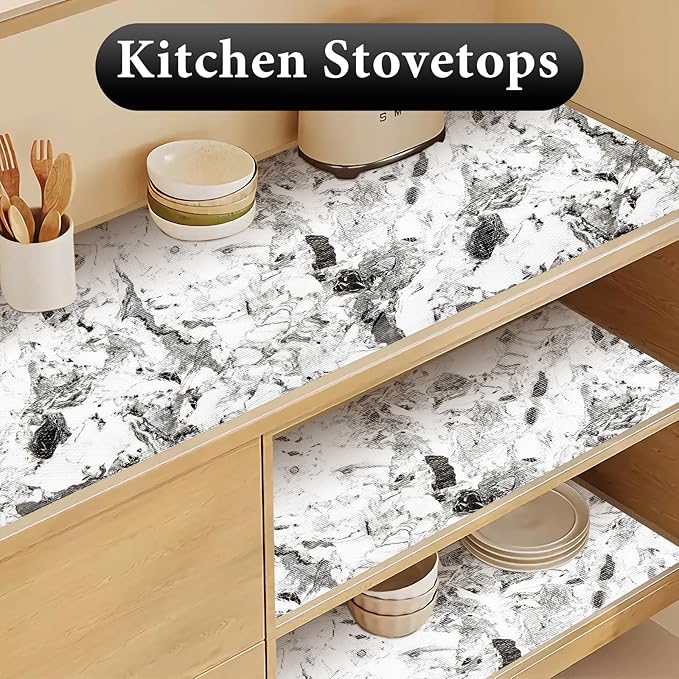 Drawer and Shelf Liner for Kitchen Cabinet: 12 in X 30 Ft Non Slip Waterproof Shelf Paper Non Adhesive Refrigerator Liners Grey and White Marble Easy Liners for Bathroom with Knife Tape Measure