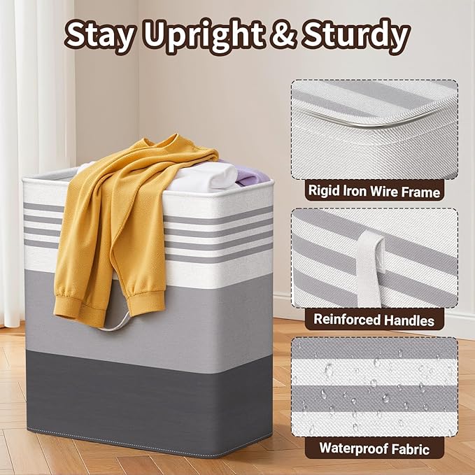 WOWBOX 2 Pack Laundry Hampers Baskets, Freestanding Dirty Clothes Hampers with Reinforced Handles & Cross Stitch & Waterproof Coating, for Laundry Bedroom Bathroom, 2 x 100L