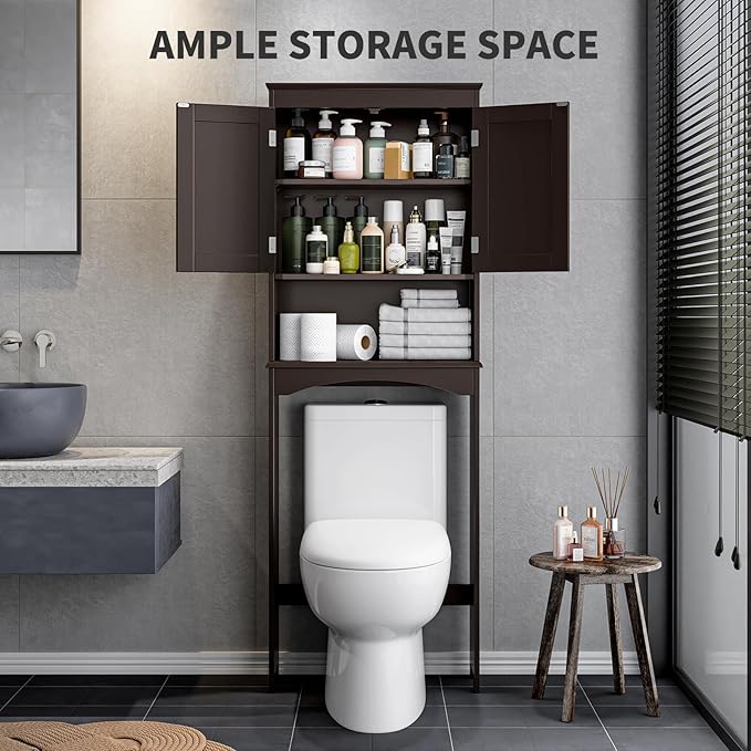 Bealife Over The Toilet Storage Cabinet with Open Shelf, Over Toilet Bathroom Organizer with Adjustable Shelf and Double Doors, Over The Toilet Storage Shelf Free Standing for Bathroom - Espresso