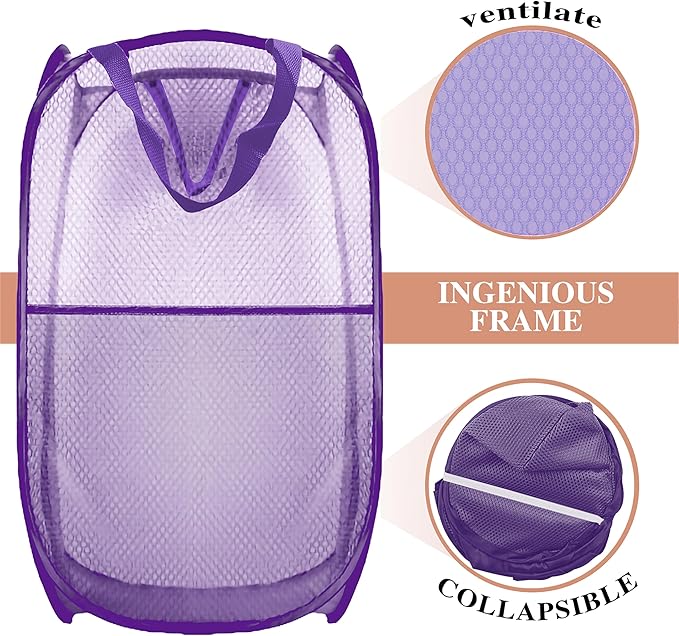 Collapsible Pop Up Laundry Hamper, Extra Large Mesh Foldable Laundry Basket Bag, 28" x 16" x 16", 2 Pack (Black + Purple)