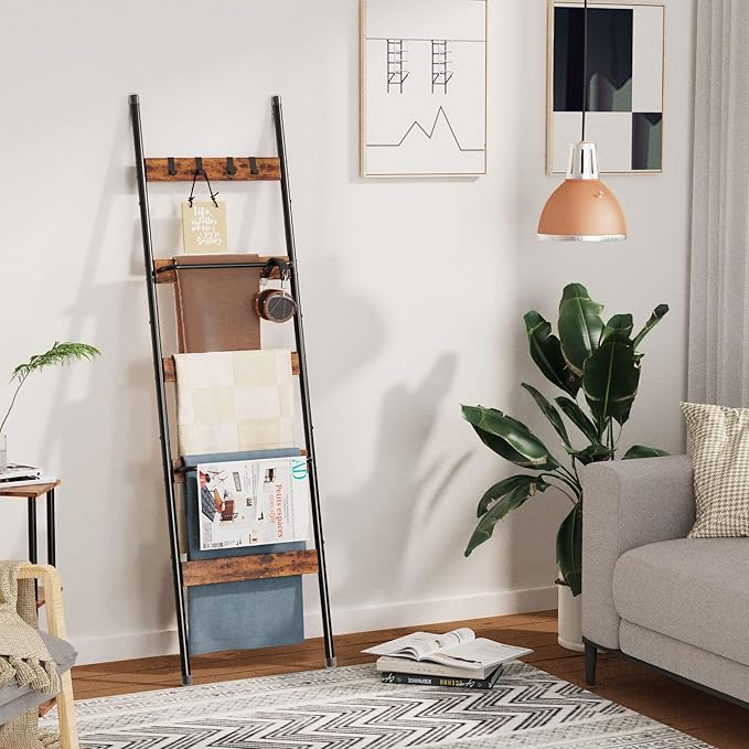 Blanket Ladder, 5-Tier Towel Holder with 2 U-shaped storage rack, Farmhouse Wall Leaning Decorative Rack Shelf, Towel Display Rack, Removable Hooks, Quilt Ladder for Living Room, Bedroom, Rustic Brown
