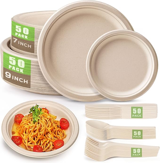 Gezond 250Pcs Disposable Paper Plates Compostable Plates and Utensils