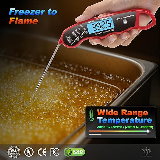 0.6S Instant Read Digital Meat Thermometer Pen for Outdoor BBQ, Grilling, Smoking, Oven Baking, Oil, Candy with Factory-Calibrated Waterproof Magnetic Backlit Flip Display, Motion Sensor.