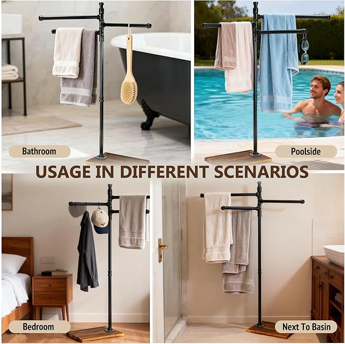 Hjarta 360° Swivel Standing Towel Rack, Free Standing Towel Holder with Wooden Base, Towel Stand with 3 Arms for Bathroom, Poolside