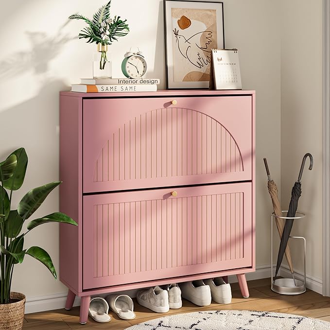 Shoe Storage Cabinet for Entryway with 2 Flip Drawers, Narrow Wood Shoe Cabinet with Fluted Panel, Freestanding Hidden Shoe Organizer for Foyer, Hallway (Pink - with Shelf)