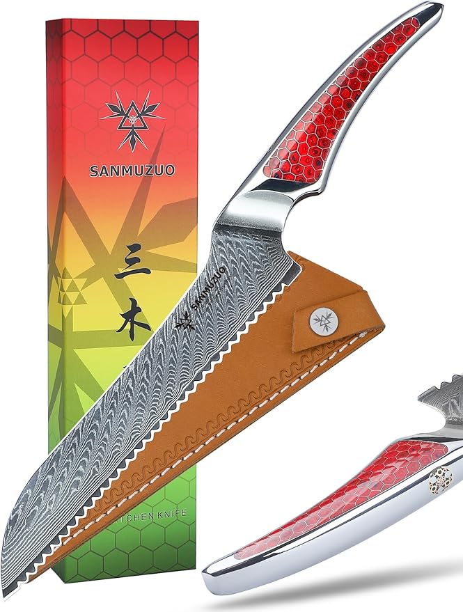 SANMUZUO 8 inch Chef Knife, Japanese VG-10 Damascus Steel Kitchen Knife, Ultra Sharp Cooking Knife with Full-tang Handle in Red Resin, LA-S9 Series
