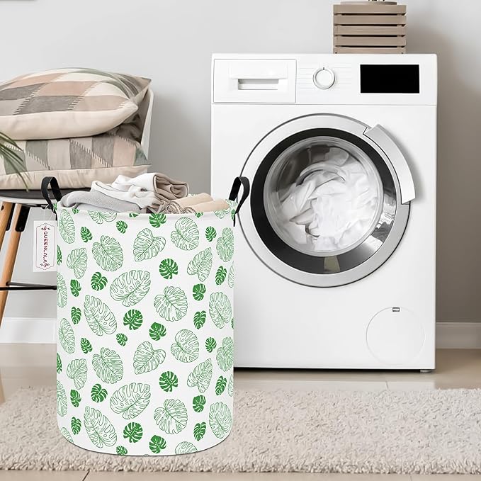 QUEENLALA Large Storage Basket,Laundry Hamper/Bathroom/Home Decor/Collapsible Round Storage Bin,Boys and Girls Hamper/Boxes/Clothing(Round-Green Leaf)