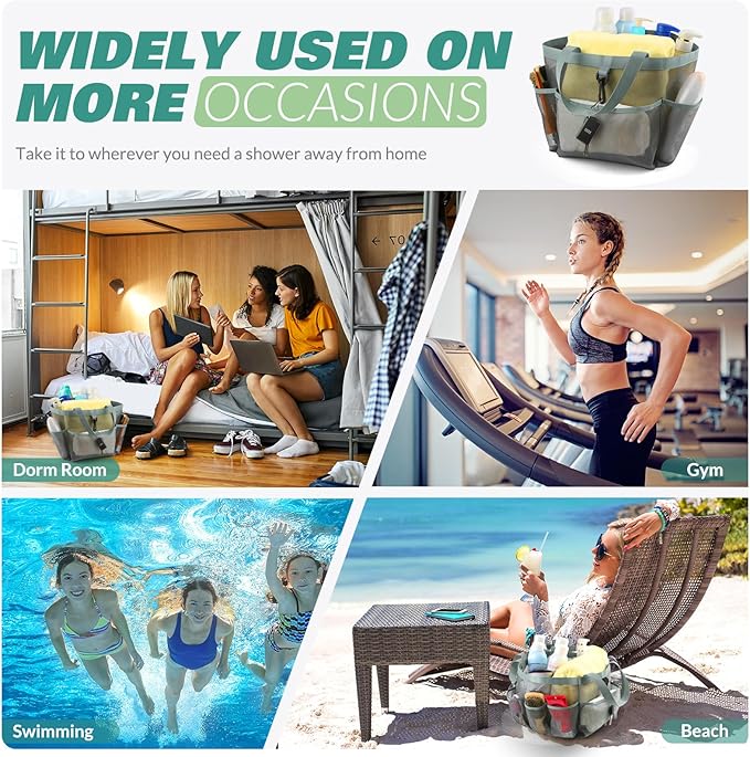 Mesh Shower Caddy Portable for College Dorm Room Essentials with 8 Pockets, Shower Bag for Beach, Swimming, Gym, Travel, Bathroom(All gray)