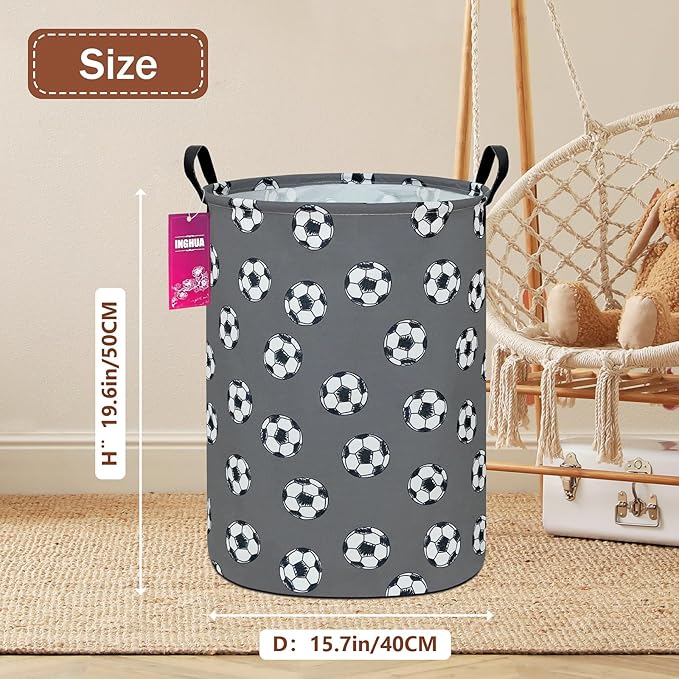 Laundry Hamper Large Canvas Fabric Lightweight Storage Basket/Toy Organizer/Dirty Clothes Collapsible Waterproof for College Dorms, Boys and Girls Bedroom,Bathroom(grey football)