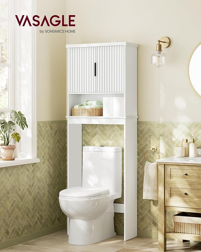 VASAGLE MAXE Collection - Over The Toilet Storage Cabinet, 23.6-Inch Wide Mid Century Modern Bathroom Organizer with Fluted Doors, Adjustable Shelf, Space-Saving, Cloud White UBTS028WB01S