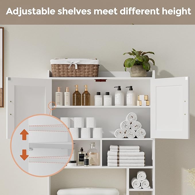 Homhedy Over The Toilet Storage Cabinet with 2 Barn Door and Toilet Paper Holder Stand, FreeStanding Toilet Shelf Space Saver, for Bathroom, Restroom, Laundry, White
