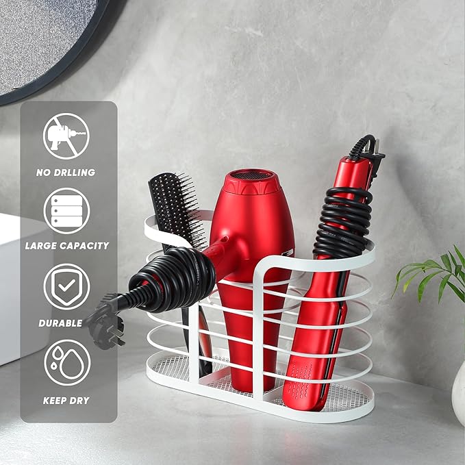 YIGII White Hair Dryer Holder - Adhesive Blow Dryer Holder/Hair Tool Organizer Bathroom Organizer Stick on Wall Mounted Multi-Functional Hair Dryer Rack for Wire Straightener, Shavers
