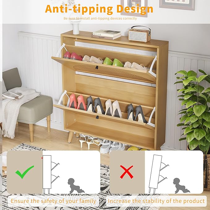 Shoe Storage Cabinet for Entryway with 2 Flip Drawers, Narrow Wood Shoe Cabinet with Fluted Panel, Freestanding Hidden Shoe Organizer for Foyer, Hallway (Wood Color - No Shelf)