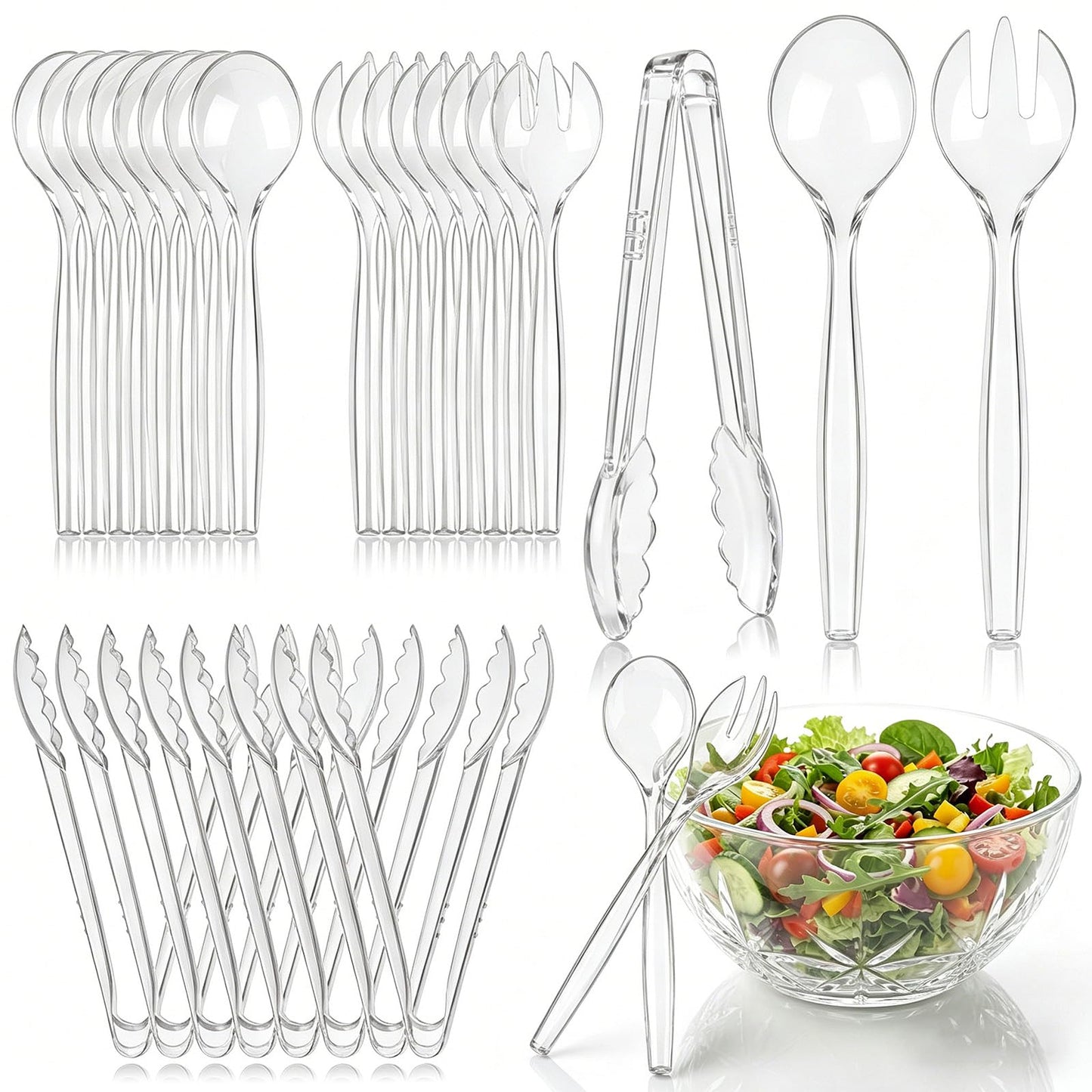 24 Pcs Disposable Clear Plastic Serving Utensils Set, Forks Spoons Tongs