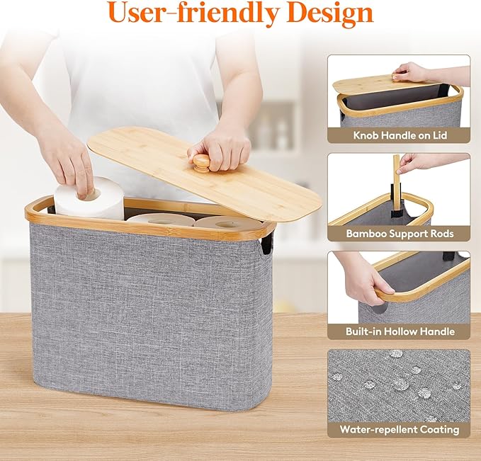 Lifewit Toilet Paper Storage Holder for 9 to 12 Rolls, Free Standing Toilet Paper Basket Stand with Bamboo Lid, Collapsible Fabric Bathroom Organizer Box for Mega Rolls, 23L, Large, Light Gray