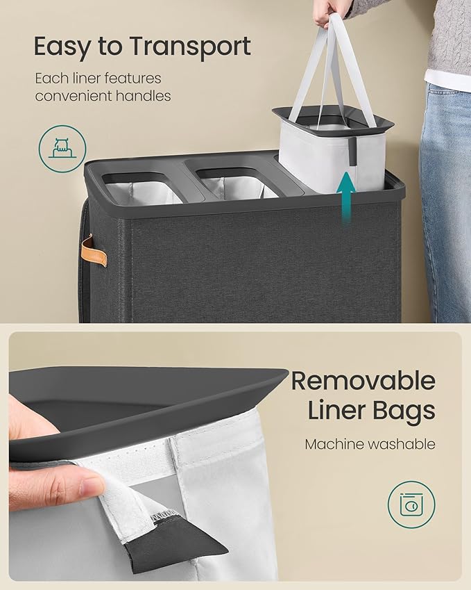 SONGMICS Laundry Basket, 50.2 Gal. Laundry Hamper, 3 Compartments, Easy Assembly, with Lid and Handles, Removable Liners, 25.2 x 15.7 x 29.5 Inches, Ink Black ULCB814BH01