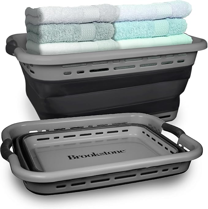 BROOKSTONE 11 GALLON XL 24" Collapsible Laundry Basket & Clothes Hamper, Comfort Non-Slip Handles, Modern Laundry Hamper with Space Saving Design, Portable Pop-Up Hamper, BPA FREE, Grey, 1 Pack