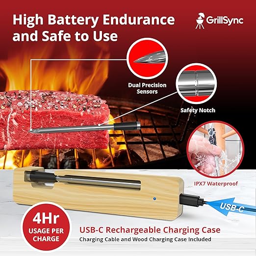 Grill Sync Wireless Meat Thermometer for Grilling, Smoking, Bluetooth