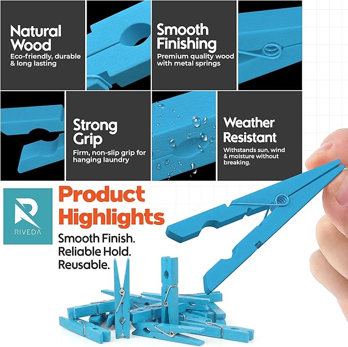 RIVEDA 50pcs Colored Wooden Clothes Pins, 2.9inch, Clothespins for Classroom, Clip Hanging Photos, DIY Clips for Crafts, Decorations (Light Blue)