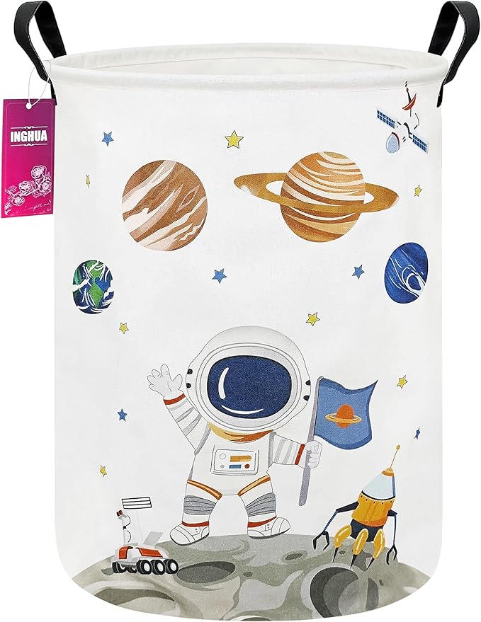 Laundry Hamper Large Canvas Fabric Lightweight Storage Basket/Toy Organizer/Dirty Clothes Collapsible Waterproof for College Dorms, Boys and Girls Bedroom,Bathroom(Space astronaut)