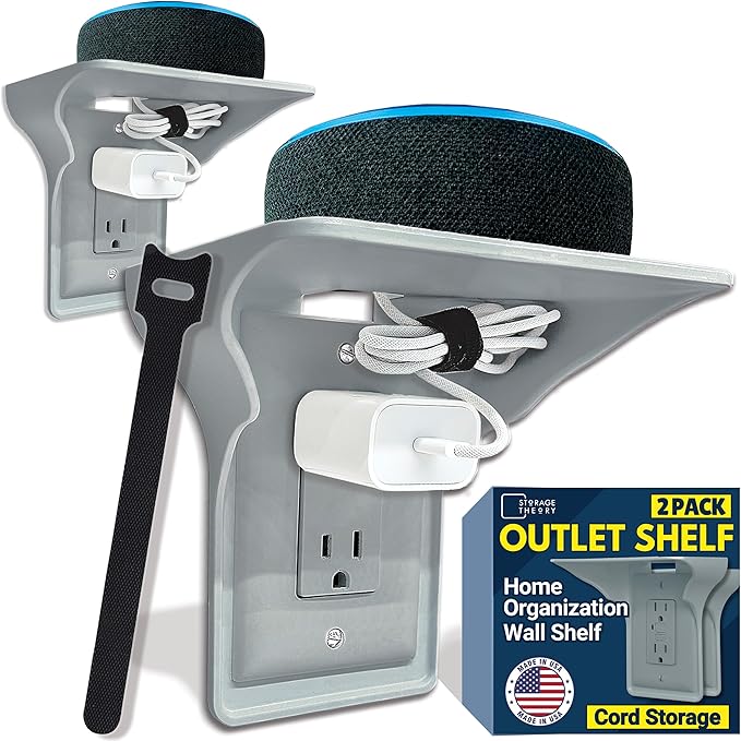 BeraTek Power Perch Wall Outlet Shelf | Declutter & Reclaim Counter Space | Bedroom & Bathroom Organizing Shelves | Alexa Echo Dot Holder, Router Shelf, Holds Electric Toothbrush | Gray, 2-Pack