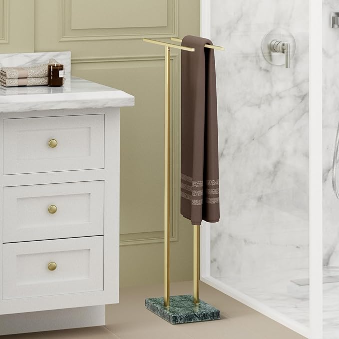 KES Standing Towel Rack with Green Natural Marble Base, 37" Equal-Height Bath Towel Holder Stand for Bathroom Floor, Fits Large Bath Towel, 18/8 Stainless Steel Brushed Gold, BTH229-GBZ