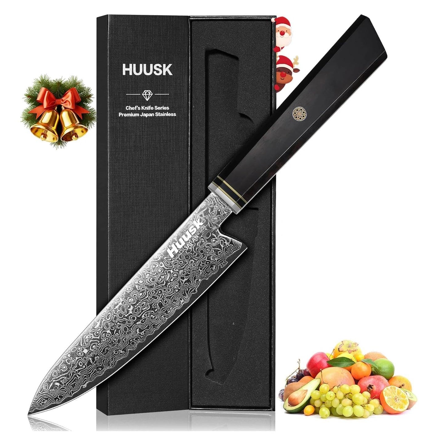 Huusk Damascus Chef Knife 8 inch - Japanese Knives with Wooden Handle