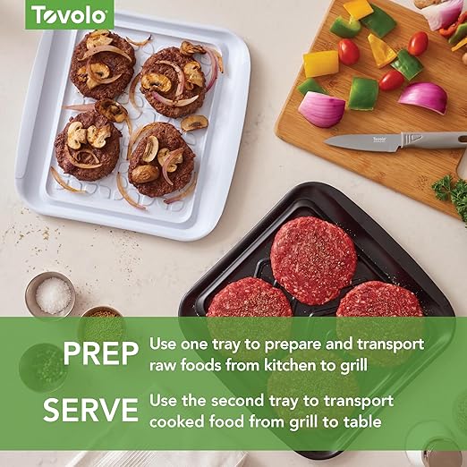 Tovolo Square Grill Prep Tray BBQ Serving Trays for Outdoor Grilling Burgers Veggies Steak, Food Grade Dishwasher Safe Non Slip Nesting Black White 10.5 in Grill Trays for Bringing in and Out Meat